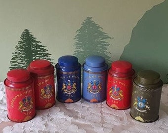 vintage Jacksons of Piccadilly tea tins 70's English design caddy container cannister metal round gold canister London British