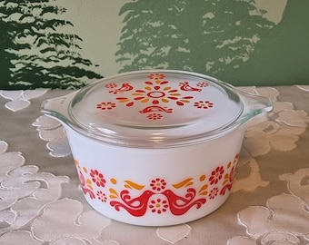 Vintage Pyrex Friendship 472 weiße Auflaufform 70er Jahre Schüssel 1,5 Quart Milchglas Ofengeschirr Vögel kochen qt