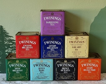 Vintage Twinings Teedose aus Metall, englische quadratische Aufbewahrung, 250 g Kanister leer, 50er, 60er, 70er Jahre, London