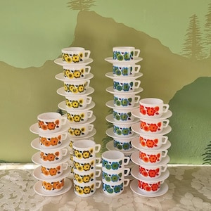 vintage Arcopal Lotus coffee tea cups 70&#39;s milkglass mug retro flowers pattern tableware France white red orange blue yellow