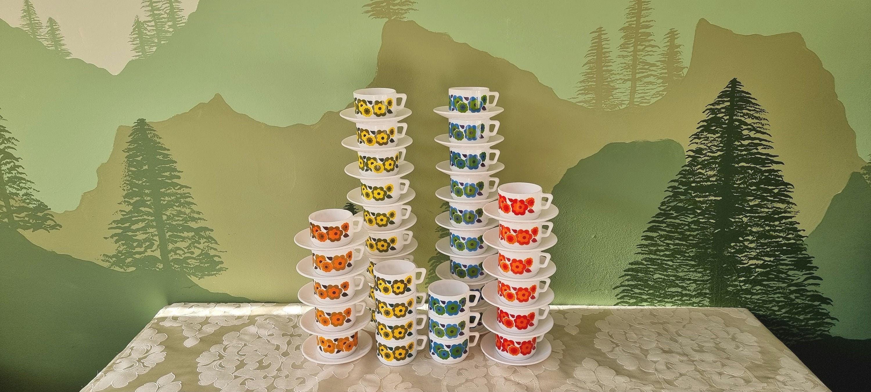 vintage Arcopal Lotus coffee tea cups 70's milkglass mug retro flowers pattern tableware France white red orange blue yellow