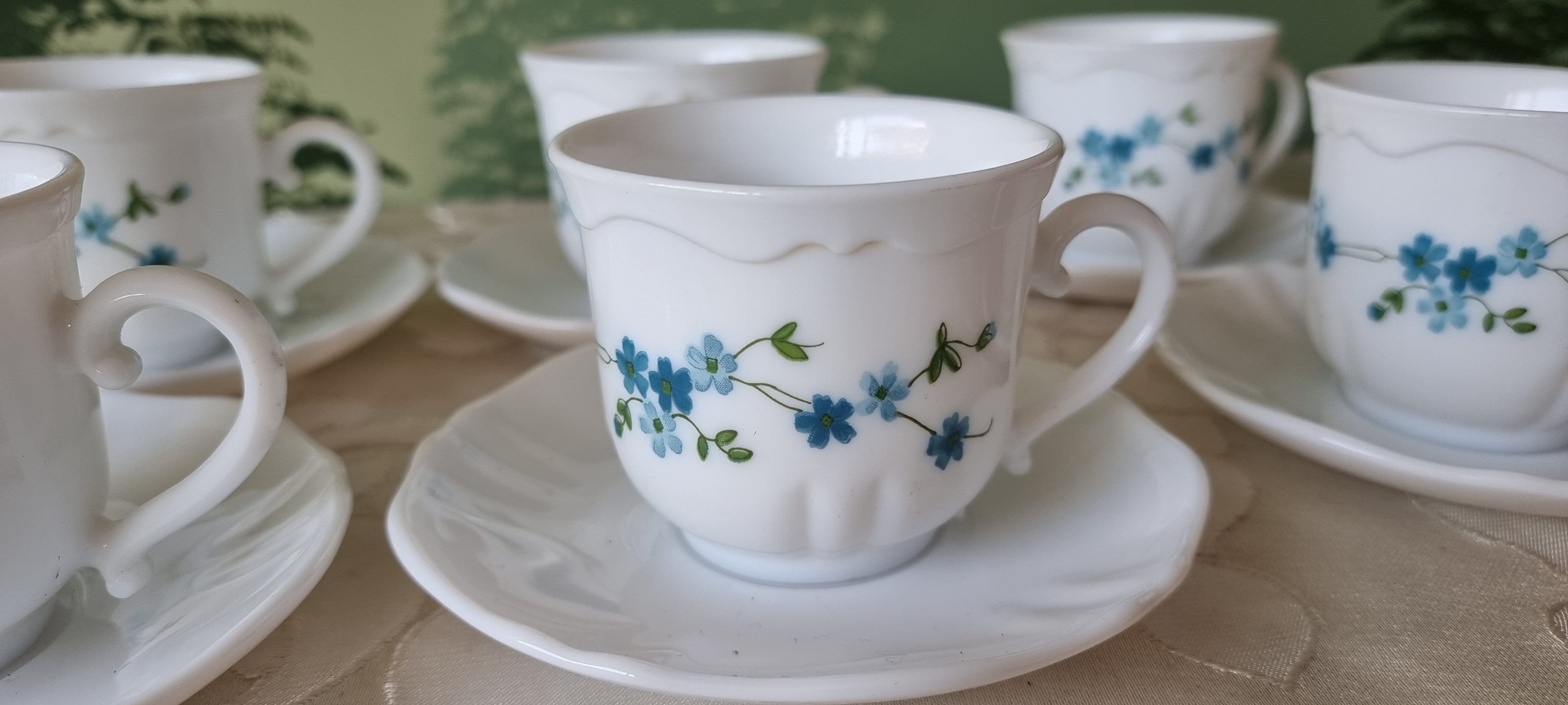Lot 10 Tasses Et Soucoupes Arcopal Véronica, Motif Myosotis, Vintage Années 70
