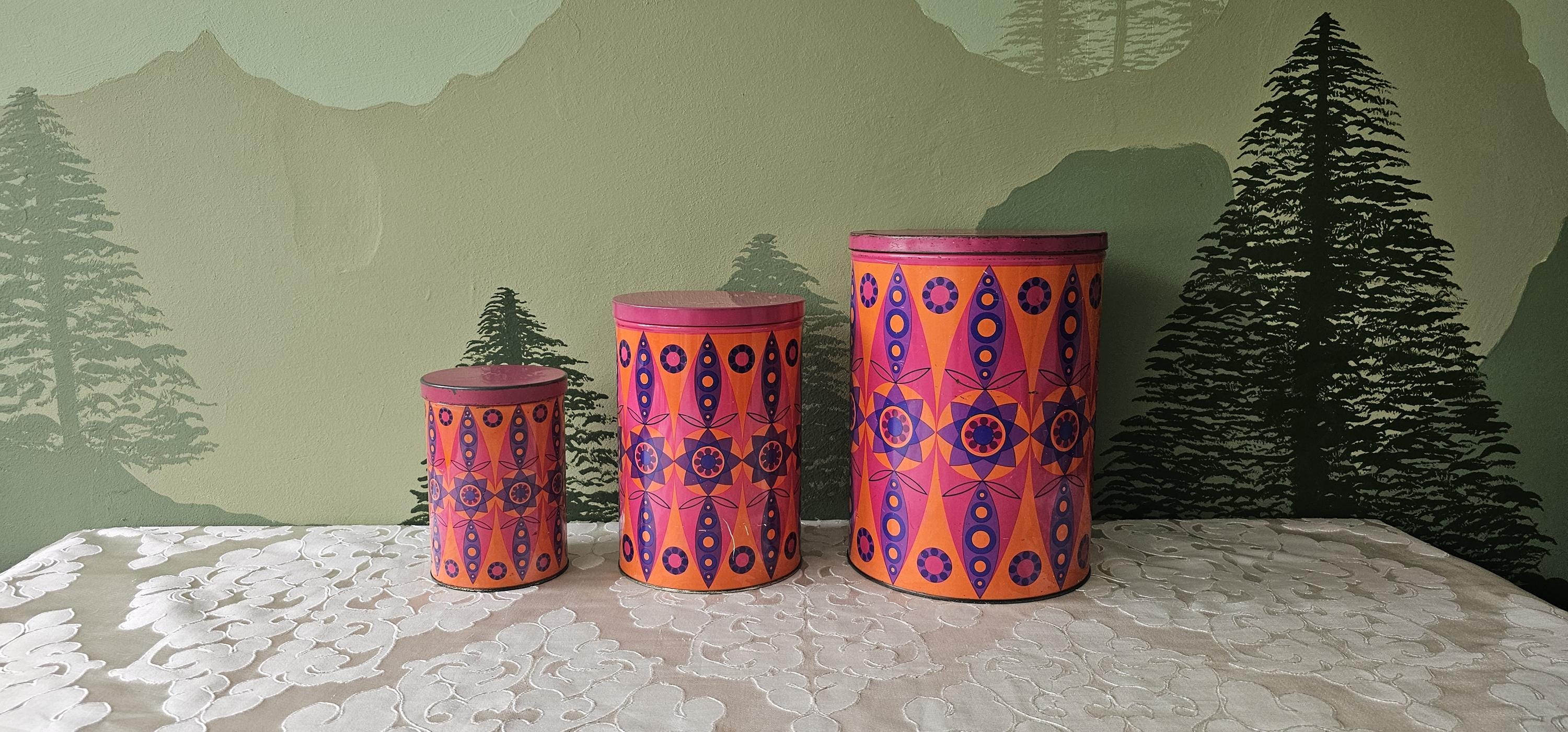 Vintage Tomado metal storage canister, 60s Dutch container tin, psychedelic design pattern, blue, orange, purple yellow starburst, space age