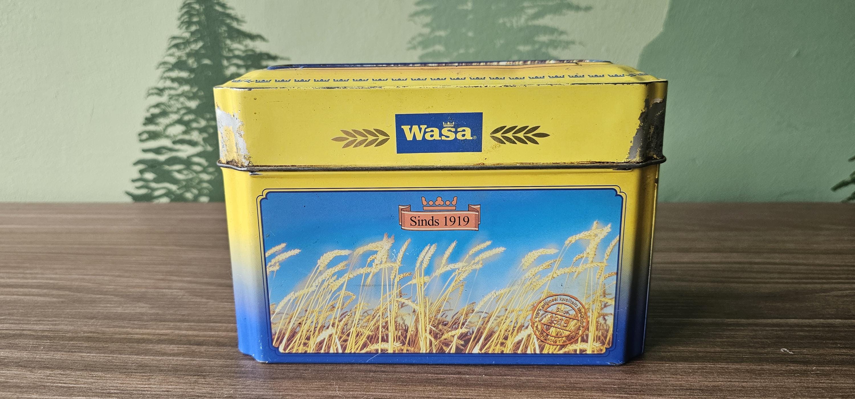 Vintage Wasa Knäckebrotdose, Frühstückscracker, Schweden, 90er Jahre. Rechteckige Metalldose, Brot, blau, gelb. Schweden