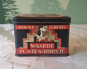 vintage Douwe Egberts waarde punten doosje 80's Dutch coffee tin tea caddy metal rectangular hinged lid black gold