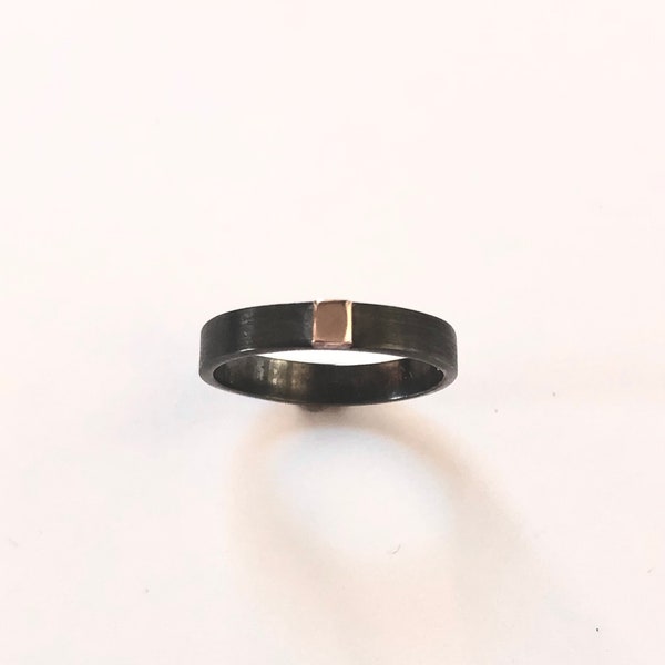 Solid Sterling Silver 4mm with 14k Yellow Gold Detail Handmade Blackened Band/ Rhodiumed Stacking Ring, Stacking Ring / Thin Wedding Band