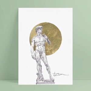 Art collection - Le David Limited edition, black ink statue illustration, gilt leaf printing.