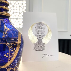 Art collection - Nefertiti Limited edition, pointillist statue illustration, black ink print, gilded with gold leaf.