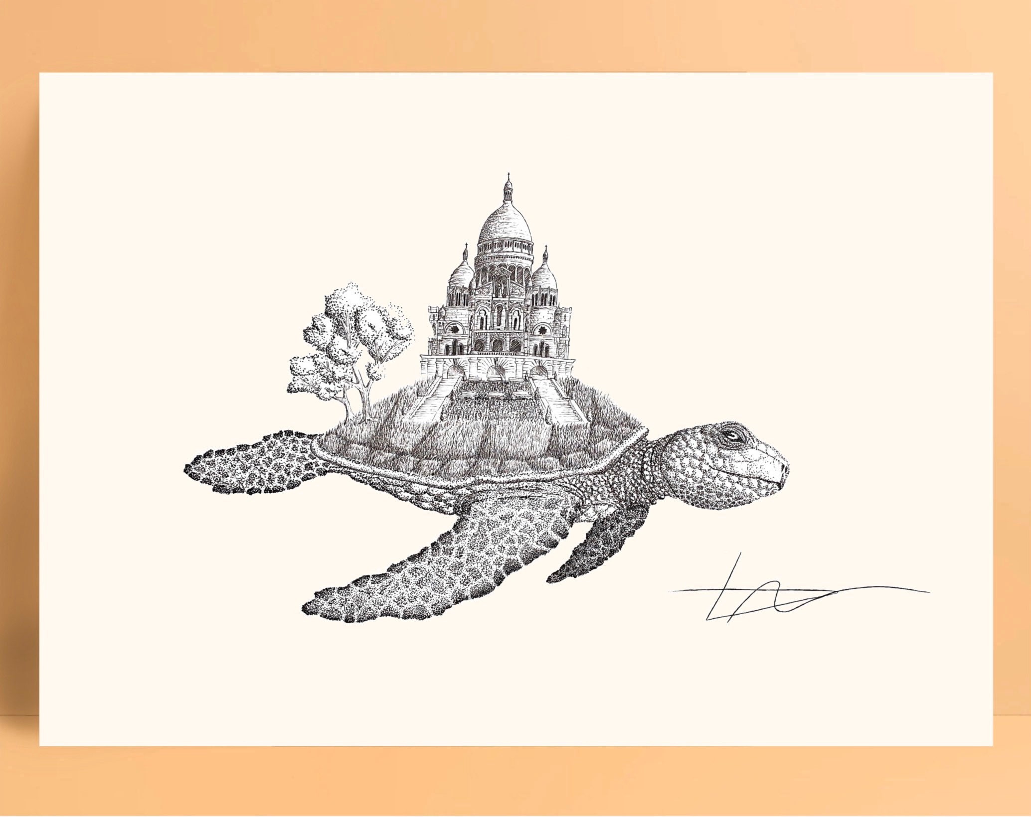 Impression d'art - La Tortue Parisienne, Illustration Contemporaine, Architecture Pointillisme, Impr