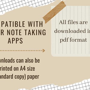 May include: A beige background with a torn edge, showing a grid pattern. Text reads "COMPATIBLE WITH MAJOR NOTE TAKING APPS". A torn piece of paper with lined paper texture is taped to the background. The paper has the text "All files are downloaded in pdf format". Below the text is a brown dashed line with an arrow pointing to the right. Below the line is the text "Downloads can also be printed on A4 size (standard copy) paper".