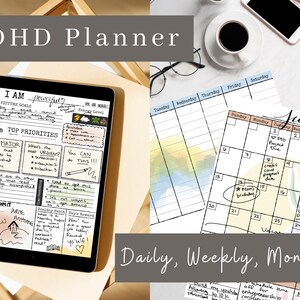 May include: A digital planner for people with ADHD. The planner includes daily, weekly, and monthly views. The image shows a tablet with a planner app open, a weekly planner, and a monthly calendar. The text "I AM" and "TOP PRIORITIES" are visible on the tablet screen. The monthly calendar is for July and has a handwritten note that says "St. John's Birthday".