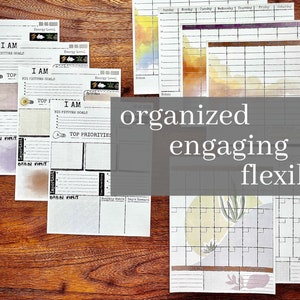 May include: A set of printable planner pages with watercolor backgrounds. The pages include sections for "I am", "Top Priorities", "Brain Vomit", "Daily Habits", and "Daily Reward". The pages are organized, engaging, and flexible.