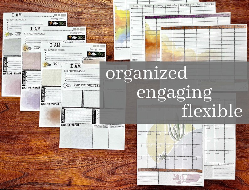May include: A set of printable planner pages with watercolor backgrounds. The pages include sections for "I am", "Top Priorities", "Brain Vomit", "Daily Habits", and "Daily Reward". The pages are organized, engaging, and flexible.