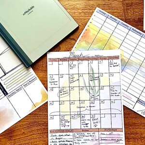 May include: A watercolor calendar for March 2023 with a green plant illustration. The calendar has handwritten notes and appointments, including a trip to Denver, a fundraiser, and a vacation in Hawaii. The calendar also includes a section for big picture goals, notes, and birthdays.
