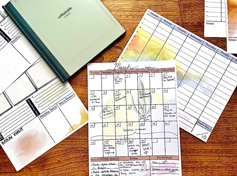 May include: A watercolor calendar for March 2023 with a green plant illustration. The calendar has handwritten notes and appointments, including a trip to Denver, a fundraiser, and a vacation in Hawaii. The calendar also includes a section for big picture goals, notes, and birthdays.