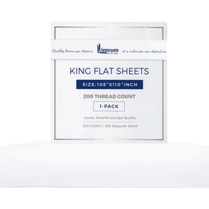 May include: White king-size flat sheet packaging with the text "Linteum" and "KING FLAT SHEETS" in blue. The packaging also includes the size "108"x110" inch", "200 THREAD COUNT", and "1-PACK".