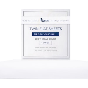 May include: A white package of twin flat sheets with a 200 thread count. The package is labeled "Linteum" and says "Quality linens you deserve at a value you can depend on". The package also says "Size: 66" x 104" inch", "200 Thread Count", "1-Pack", "Home, Hospital and Spa Quality", and "55% Cotton / 45% Polyester blend".