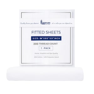 May include: White fitted sheet packaging with the text "Linteum Textile Supply" and "Fitted Sheets" in blue. The packaging also includes the size "54"x80"x9" inch", "200 Thread Count", and "1-Pack". The text "Home, Hospital and Spa Quality" and "55% Cotton/45% Polyester blend" is also included.