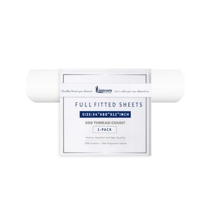 May include: A white full fitted sheet in packaging with a label reading Full Fitted Sheets, Size: 54 inches by 80 inches by 12 inches, 200 thread count, 1-pack, Home, Hospital and Spa Quality, and 55 percent cotton and 45 percent polyester blend.