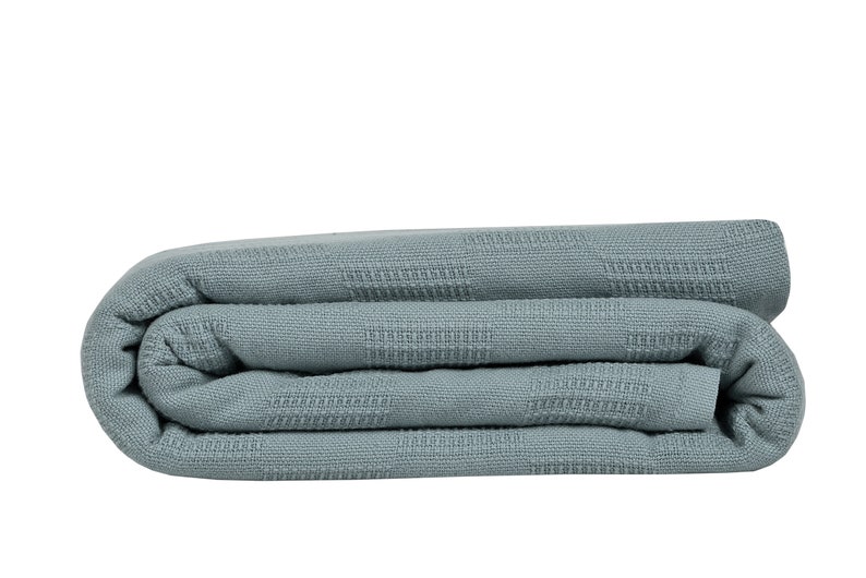 May include: A folded blue waffle weave throw blanket. The blanket is soft and textured.