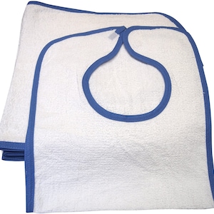 12-Pack, 15x34 in, Soft Terry Adult Bibs with Velcro-Type Closure, White w/Blue Piping
