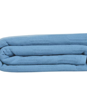May include: A folded blue waffle weave throw blanket.