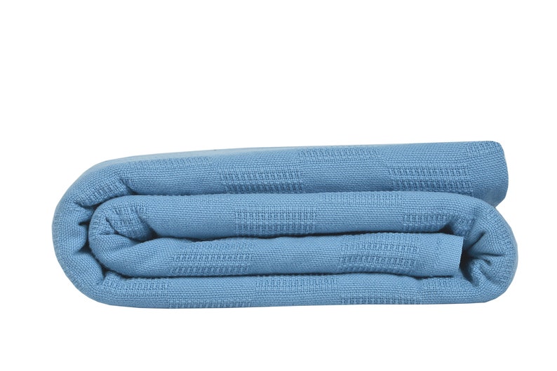 May include: A folded blue waffle weave throw blanket.