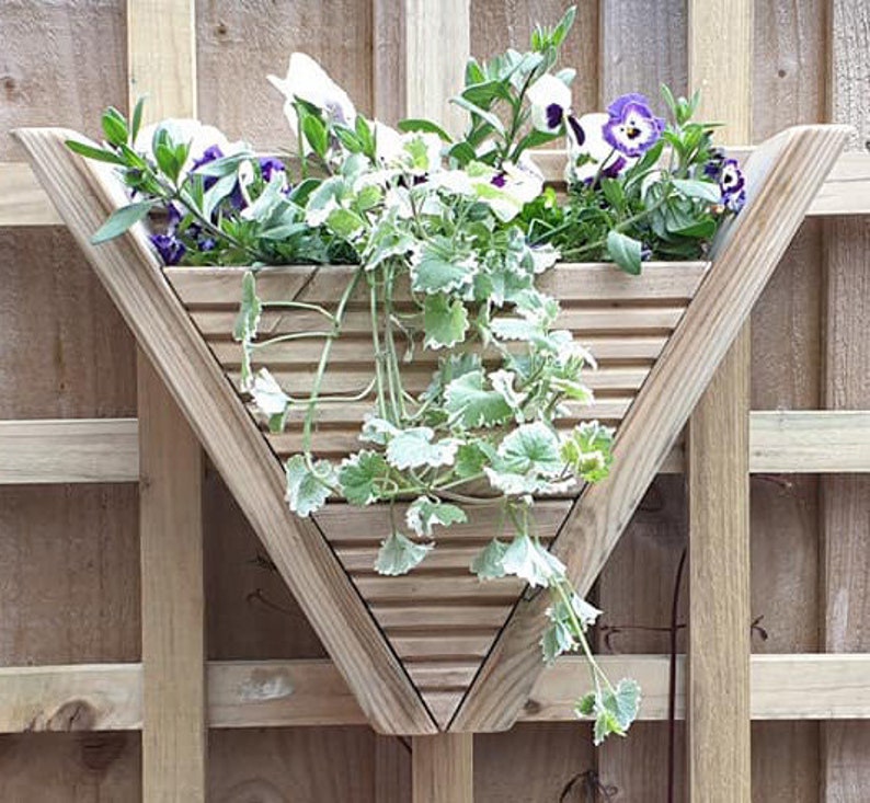 Handmade Unique Quality Wooden Garden Wall Planter Triangle Triangular Treated Timber Hanging Plant Basket Father's Day Birthday Gift image 1