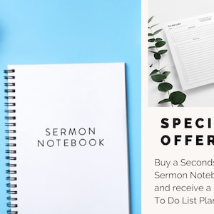 Puede incluir: Una libreta blanca de espiral con el texto "SERMON NOTEBOOK" impreso en la portada. Se muestra una oferta especial: compra una segunda libreta de sermones y recibe un planificador de tareas gratuito.