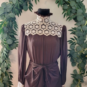 1970s Brown Silk Dress Crochet Neckline High Collar