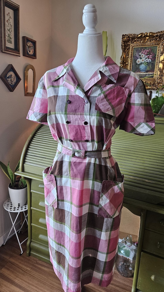 Berry Plaid 1950s Shirt Waist Dress - image 1