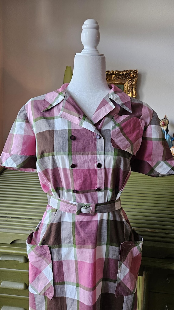Berry Plaid 1950s Shirt Waist Dress - image 2