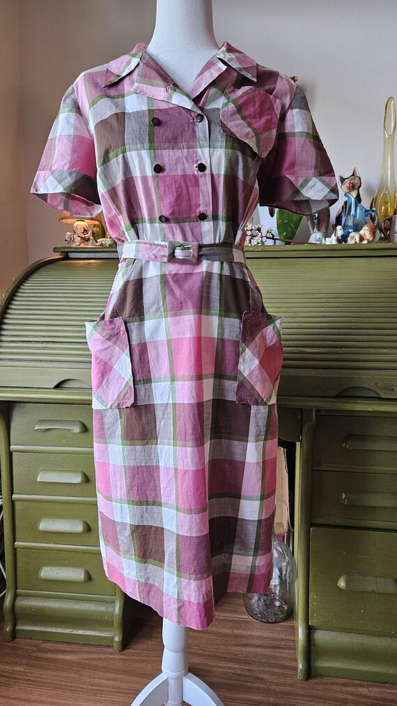 Berry Plaid 1950s Shirt Waist Dress - image 3
