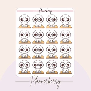 May include: A sheet of 12 planner stickers featuring a cartoon character wearing glasses and sitting at a desk with a pencil in hand. The stickers are white with black outlines and are printed on a clear background. The text "Plannerberry" appears at the top and bottom of the sheet.