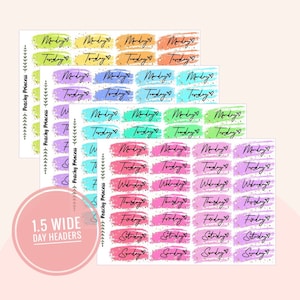 May include: Set of 1.5 inch wide day header stickers with a brushstroke design and gold glitter accents. The stickers are in various colors, including green, yellow, orange, blue, purple, pink, and red. The days of the week are written on the stickers in black.