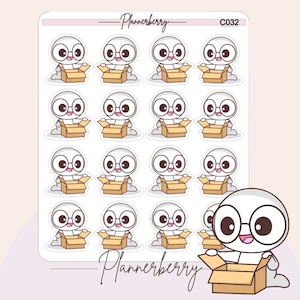 Puede incluir: Un conjunto de 12 pegatinas con un personaje de dibujos animados con gafas abriendo una caja. El personaje es blanco con ojos negros y una boca negra. La caja es marrón con un interior marrón claro. Las pegatinas están sobre un fondo blanco con el texto "Plannerberry" y "C032" en negro.