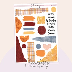 Puede incluir: Un conjunto de pegatinas para planificadores con temática otoñal con una variedad de formas y diseños, incluyendo texturas de cuadros, punto y acuarela. Las pegatinas son en tonos naranja, amarillo, rojo y azul. El texto "Plannerberry journaling kit" está en la parte inferior de la imagen.