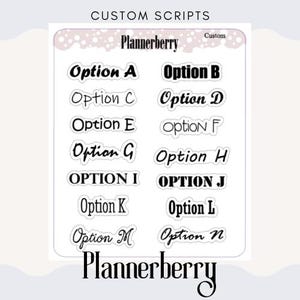 May include: A white sticker sheet titled CUSTOM SCRIPTS and Plannerberry featuring fourteen distinct black font styles labeled Option A through Option N. Each option displays the word Option in a unique typeface, arranged in two columns on a white background.