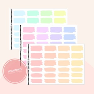 Puede incluir: Tres hojas de pegatinas para planificador con diseños de pinceladas en colores pastel. Cada hoja presenta filas de pinceladas rectangulares en tonos de azul, verde, rosa, morado y amarillo. El texto "BRUSHSTROKES PLANNER STICKERS" es visible.