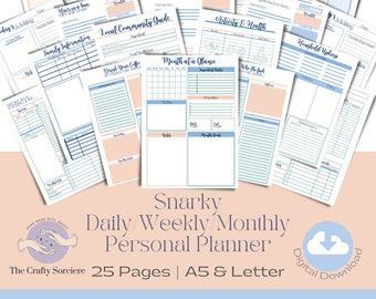 May include: A printable digital planner with 25 pages in A5 and letter sizes. The planner includes pages for daily, weekly, and monthly planning, as well as pages for tracking finances, activities, and household chores. The pages are decorated with a blue and peach color scheme and feature a variety of fun and quirky illustrations.