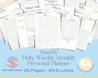 May include: A digital printable planner with 25 pages in A5 and letter sizes. The planner includes pages for budgeting, tracking activities, and managing tasks. The pages are decorated with floral illustrations in shades of blue, yellow, and pink.
