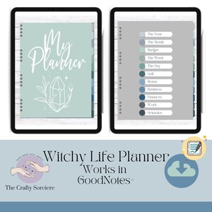 May include: A digital planner for GoodNotes with a teal and gray color scheme. The cover features a crystal and the text "My Planner". The planner includes sections for the year, month, budget, week, day, self, home, business, finances, work, and grimoire.