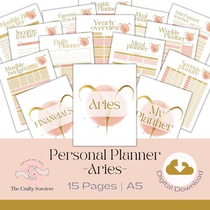 Puede incluir: Un planificador digital imprimible para el signo del zodíaco Aries. El planificador incluye páginas para facturas mensuales, seguimiento de ingresos, un presupuesto mensual, seguimiento de gastos, un planificador diario, un planificador de comidas, un planificador semanal, un rastreador de pagos de deudas, un planificador de ahorros, una descripción general anual y una página "Mi planificador". La portada presenta un diseño de acuarela rosa y dorado con el símbolo del zodíaco de Aries.
