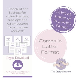 May include: Digital download of printable letter-sized alphabet charts. The charts feature different letter styles and are perfect for learning the alphabet. The image also includes a message about printing at home or in a print shop.