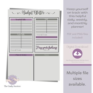 May include: Printable budget tracker with a gray and purple color scheme. The tracker has sections for household bills, extra bills, debt, overall totals, a plan of action, and notes. The text "Pay your fucking bills" is written in purple cursive.