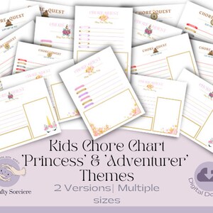 May include: Printable chore charts for kids featuring two themes: 'Princess' and 'Adventure'. The charts have a pink and gold color scheme with a unicorn and floral designs. The text on the charts reads 'Chore Quest'.