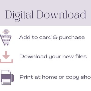 May include: A digital download graphic with three steps: add to cart and purchase, download your new files, and print at home or copy shop. The graphic features a shopping cart, a download arrow, and a printer icon.