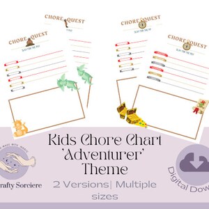 May include: Printable chore chart for kids with an 'Adventurer' theme. The chart features a gold treasure chest, a dragon, and a squirrel. The text on the chart says 'Chore Quest Slay for the Pay'.