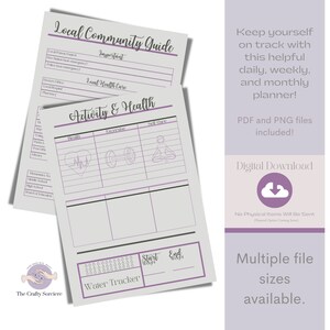 May include: Printable planner with a purple and gray color scheme. The planner is titled "Activity & Health" and includes sections for health, exercise, and self-care. It also has a water tracker and a section for local community information.
