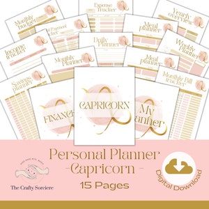 Pode incluir: Um planejador digital imprimível com 15 páginas com um design de aquarela rosa e dourado com o signo do zodíaco Capricórnio. O texto "Personal Planner - Capricorn - 15 Pages" está na parte inferior da imagem.
